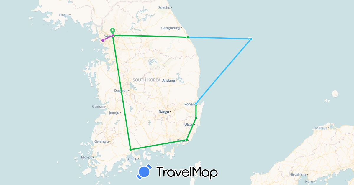 TravelMap itinerary: driving, bus, train, boat in South Korea (Asia)
